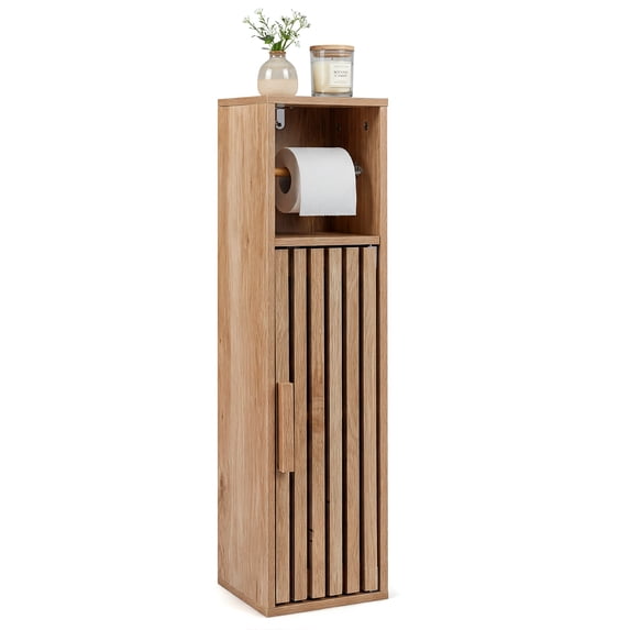Costway Slim Bathroom Cabinets, Freestanding Toilet Paper Holder Stand with Door,Natural