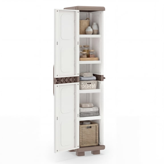 Costway Slim Storage Cabinet with Single Door, Plastic Kitchen Pantry with 4 Shelves Brown and White