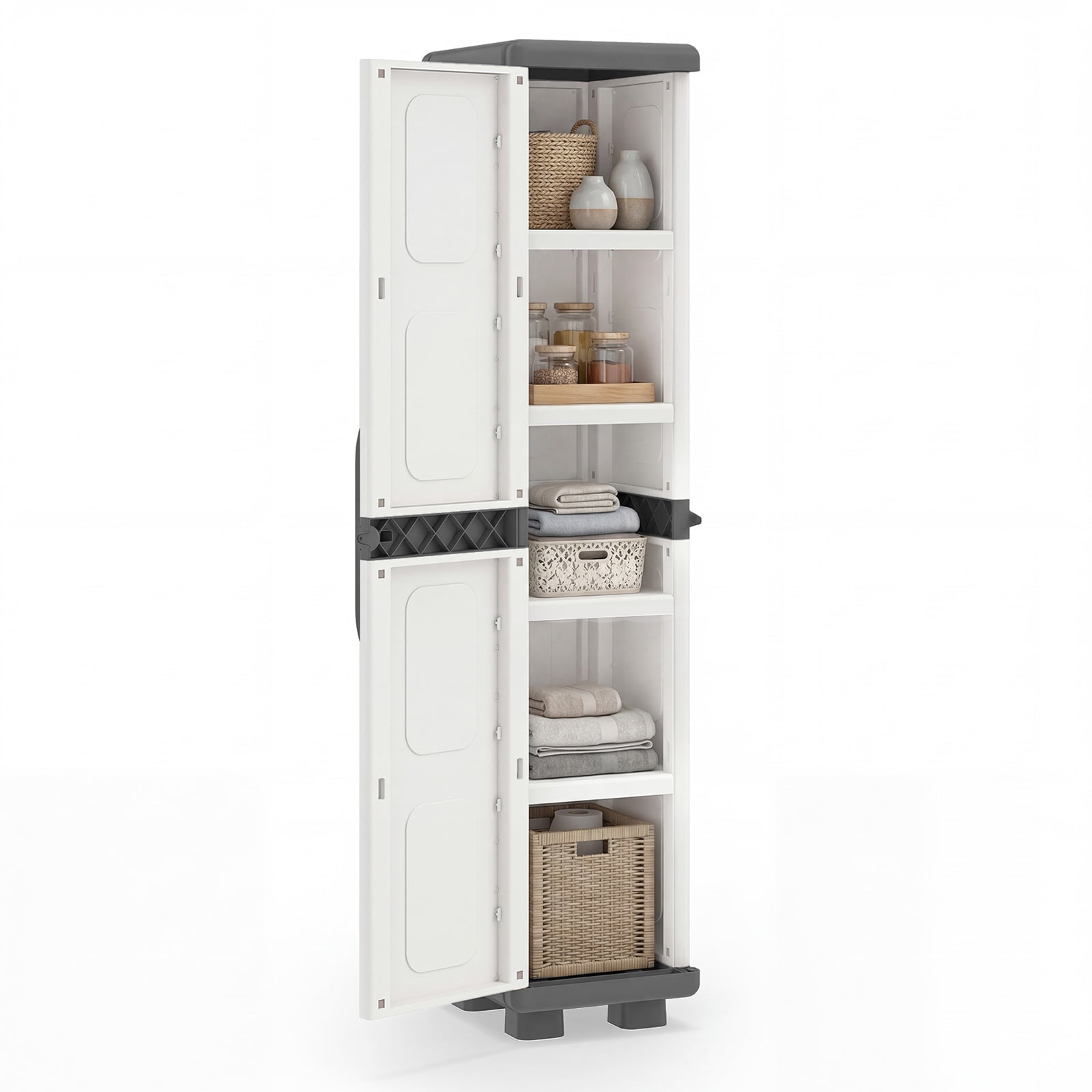 Costway Slim Storage Cabinet with Single Door, Plastic Kitchen Pantry with 4 Shelves Gray and White