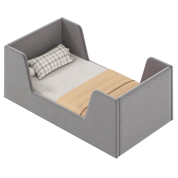 Costway Soft Velvet Fabric Upholstered Children Floor Bed with Safety Rails & Headboard Gray