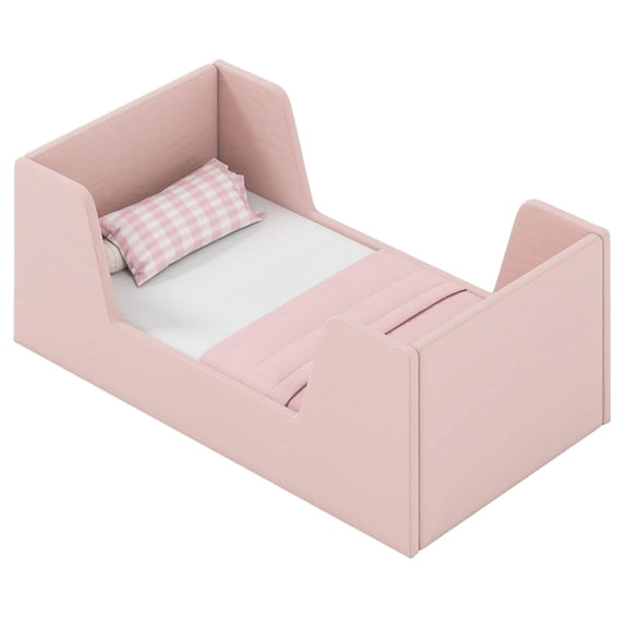 Costway Soft Velvet Fabric Upholstered Children Floor Bed with Safety Rails & Headboard Pink