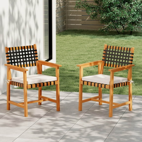 Costway Solid Acacia Wood Patio Chair Set of 2 with Padded Seat Cushion Washable Covers