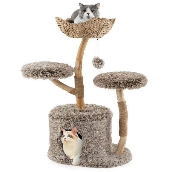 Costway Solid Wood Cat Tree with Well-woven Cattail Basket Luxury Condo Scratching Posts