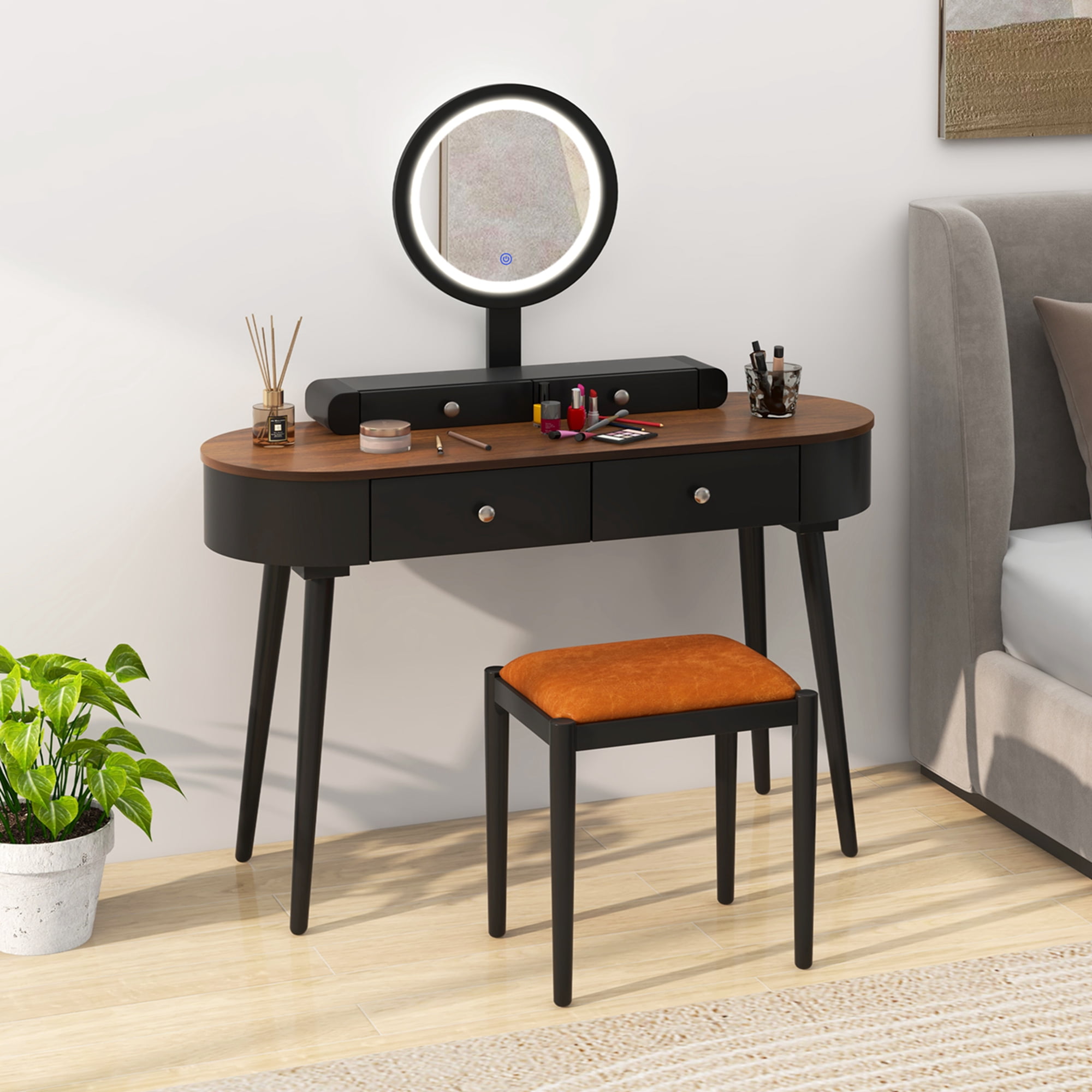 Costway Solid Wood Makeup Vanity Desk Set with LED Lighted Mirror Drawers  Cushioned Stool Black + Brown
