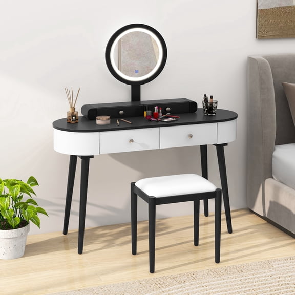 Costway Solid Wood Makeup Vanity Desk Set with LED Lighted Mirror Drawers Cushioned Stool White + Black