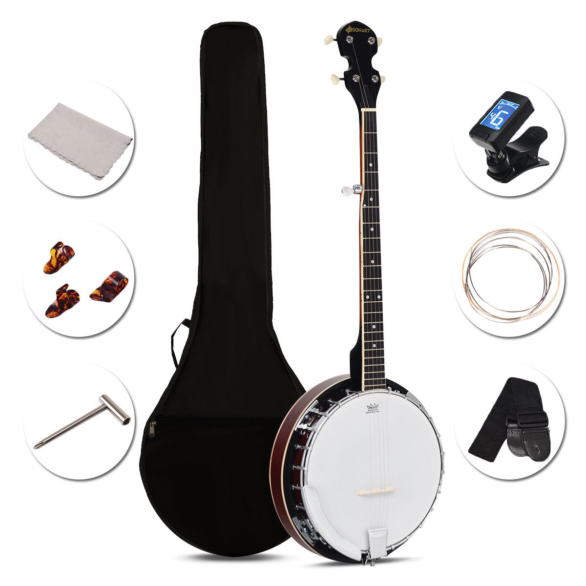 Costway Sonart 5 String Geared Tunable Banjo 24 Brackets Closed Back Remo Head w/ Case - image 1 of 10