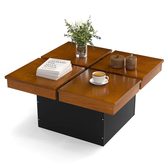 Costway Square Coffee Table with Solid Wood Veneered Split Top Recessed Base for Apartment