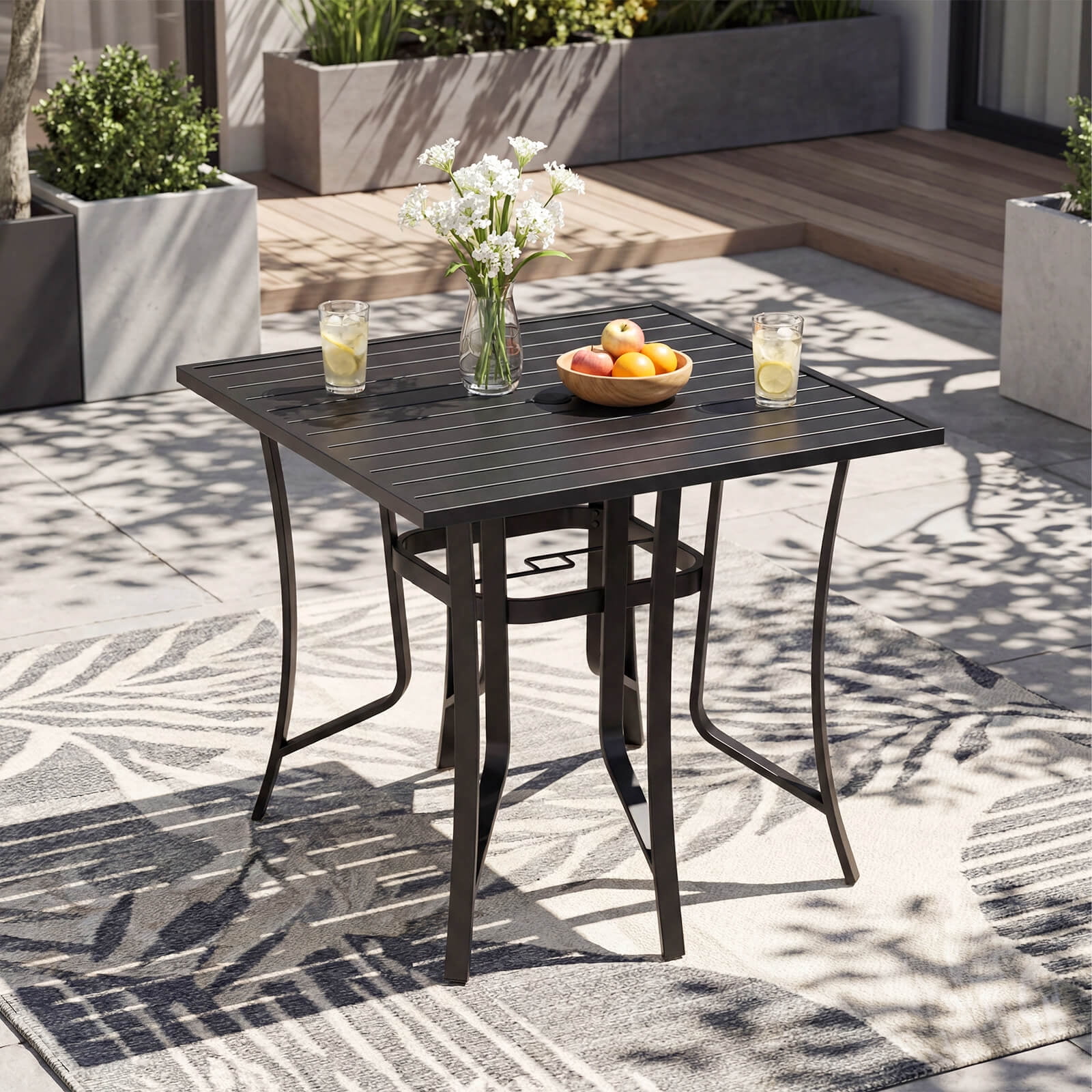 iwicker patio square steel dining table with umbrella hole PHI VILLA Set for 4, 37" Metal & Chairs w/Cushions making it a perfect and reliable centerpiece for your backyard Sophia & William 9 Pieces