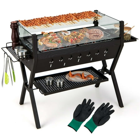 Costway Stainless Steel Barbecue Charcoal Grills with Seasoning Racks & Storage Shelf - Brown