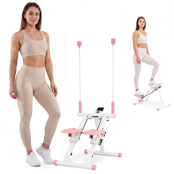Costway Stair Stepper with Detachable Handlebar LCD Monitor Stable Frame for Home Exercise Pink + White