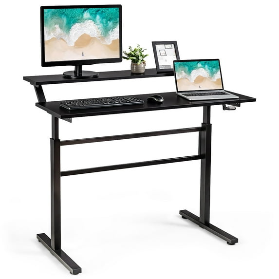 Costway Standing Desk Crank Adjustable Sit to Stand Workstation with Monitor Shelf Black