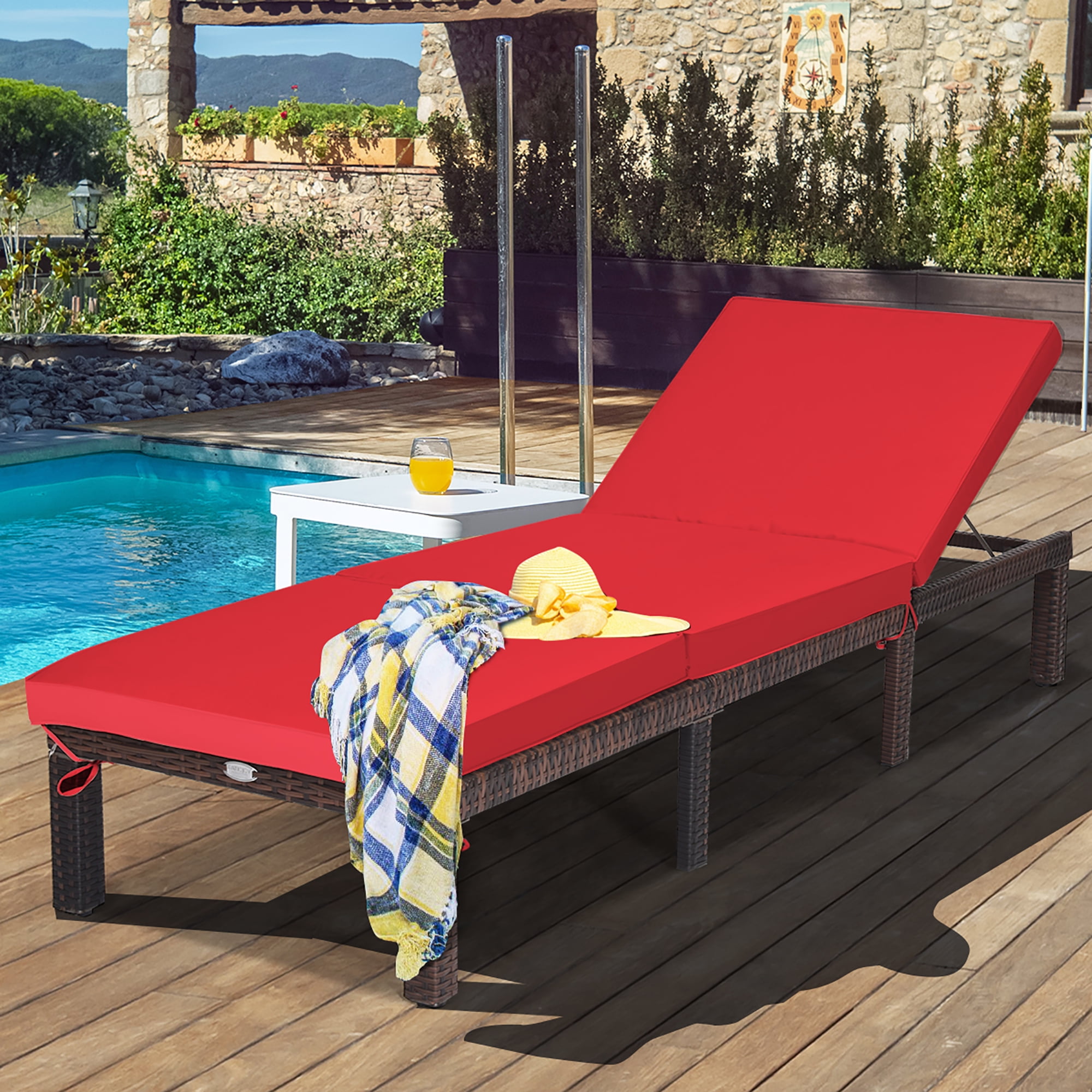 Costway Steel Adjustable and Cushioned Outdoor Chaise Lounge Red
