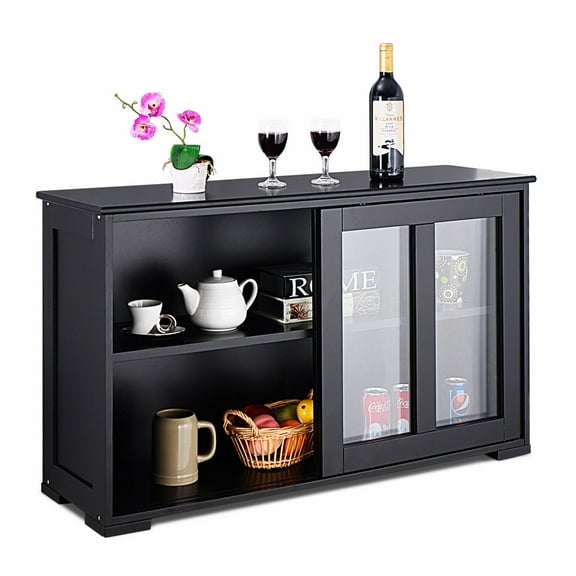 Costway Storage Cabinet Sideboard Buffet Cupboard Glass Sliding Door Pantry Kitchen Black
