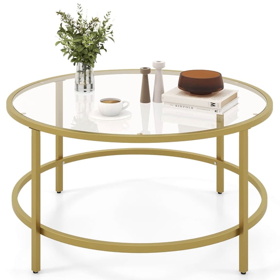 Costway Storage Round Tempered Glass Coffee Table with Metal Frame, Gold