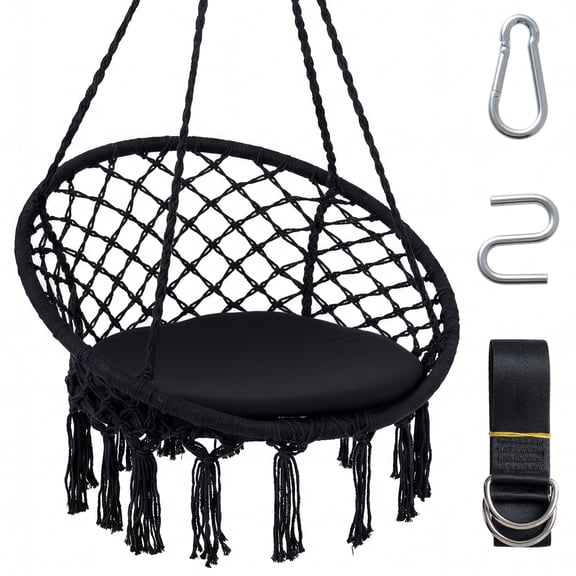 Costway Swing Chair, Hammock Chair with Round Seat Cushion, Indoor & Outdoor Boho Chair Black