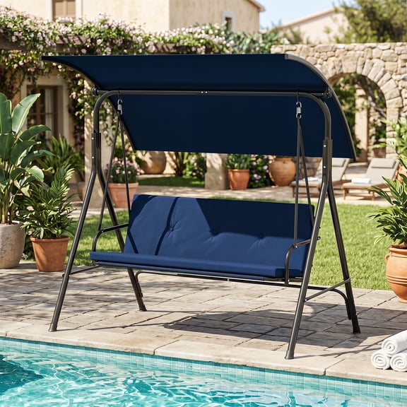 Costway Swing Chair with Adjustable Canopy,Swing with Removable Cushion&Heavy-duty Metal Stand Navy