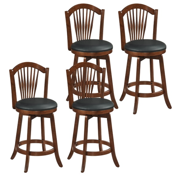 Costway Swivel Bar Stools Set of 4, 25” Counter Height Barstools with Backrests, Wood Frame Brown
