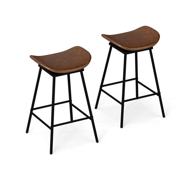 Costway Swivel Barstools Set of 2 Faux Leather Upholstered Backless Bar Height Chairs Brown