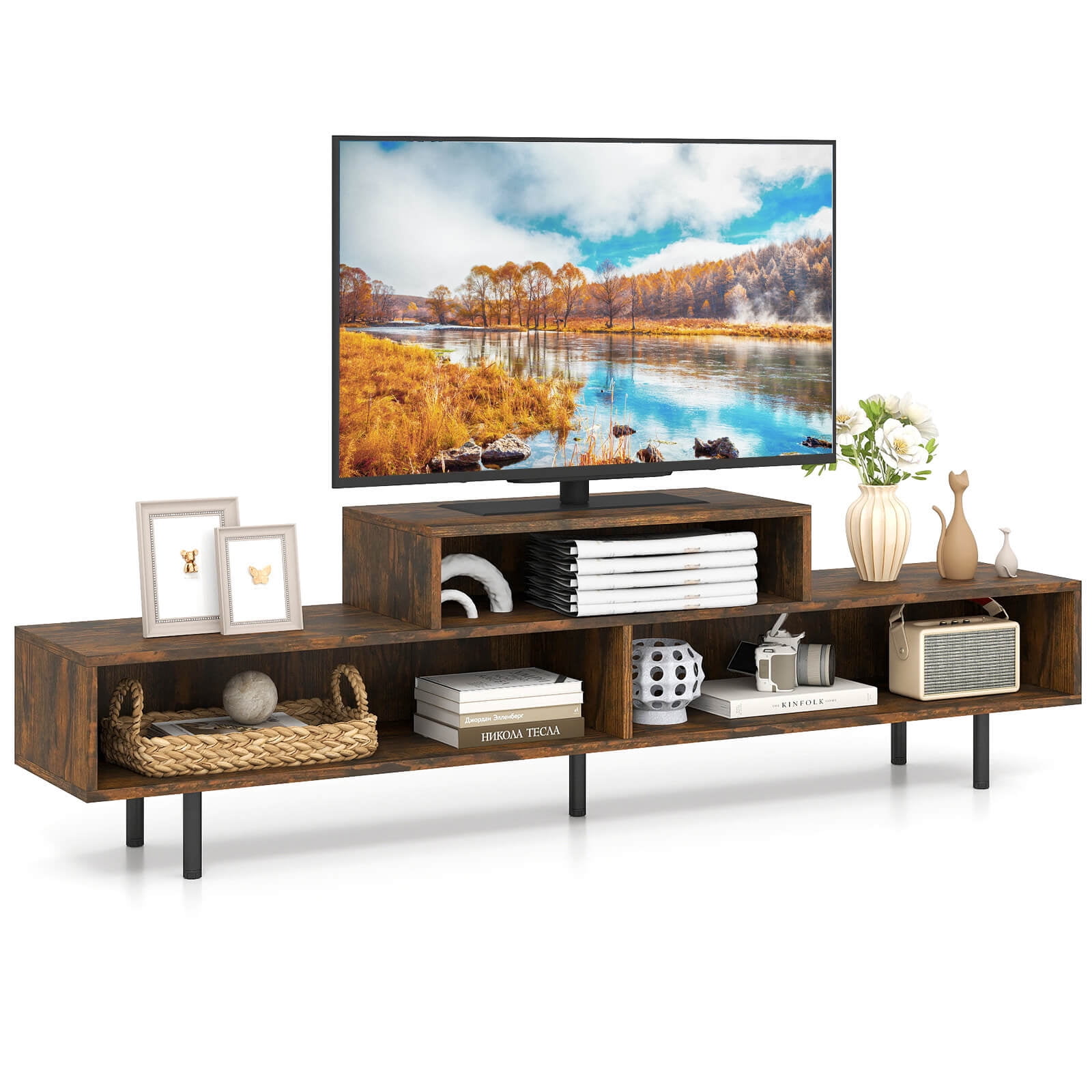 Costway TV Stand, 63” Long Entertainment Center with Open Storage Shelves for TVs up to 70” Rustic Brown