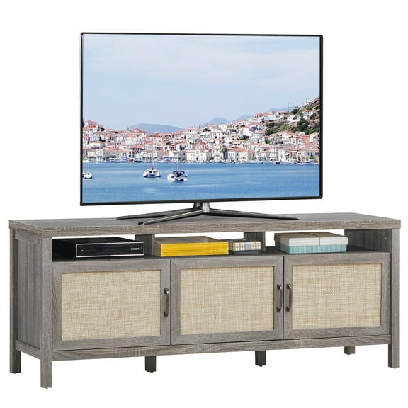 Costway TV Stand Entertainment Media Center for TV's up to 65'' w/ Rattan Doors Grey Oak