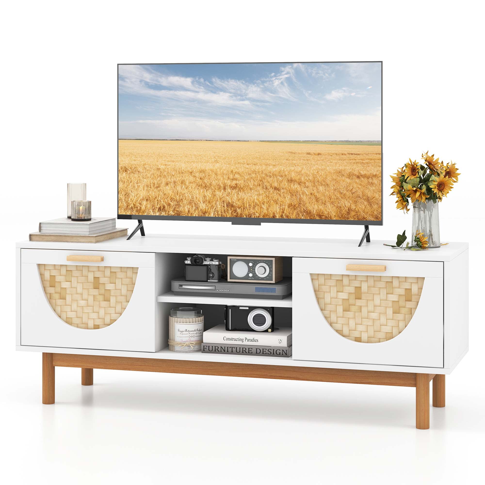 White and Natural Bamboo Woven Front TV Stand with Solid Wood Legs