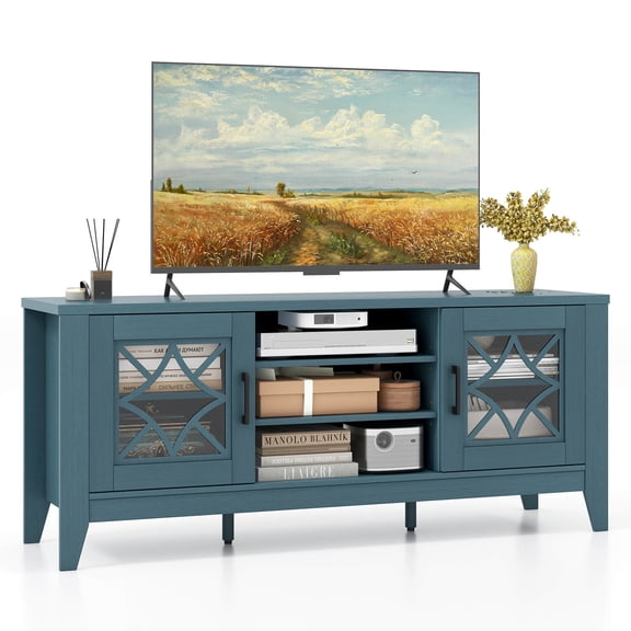 Costway TV Stand for TVs up to 65" with 3-Position Adjustable Shelves Tempered Glass Doors Teal Blue