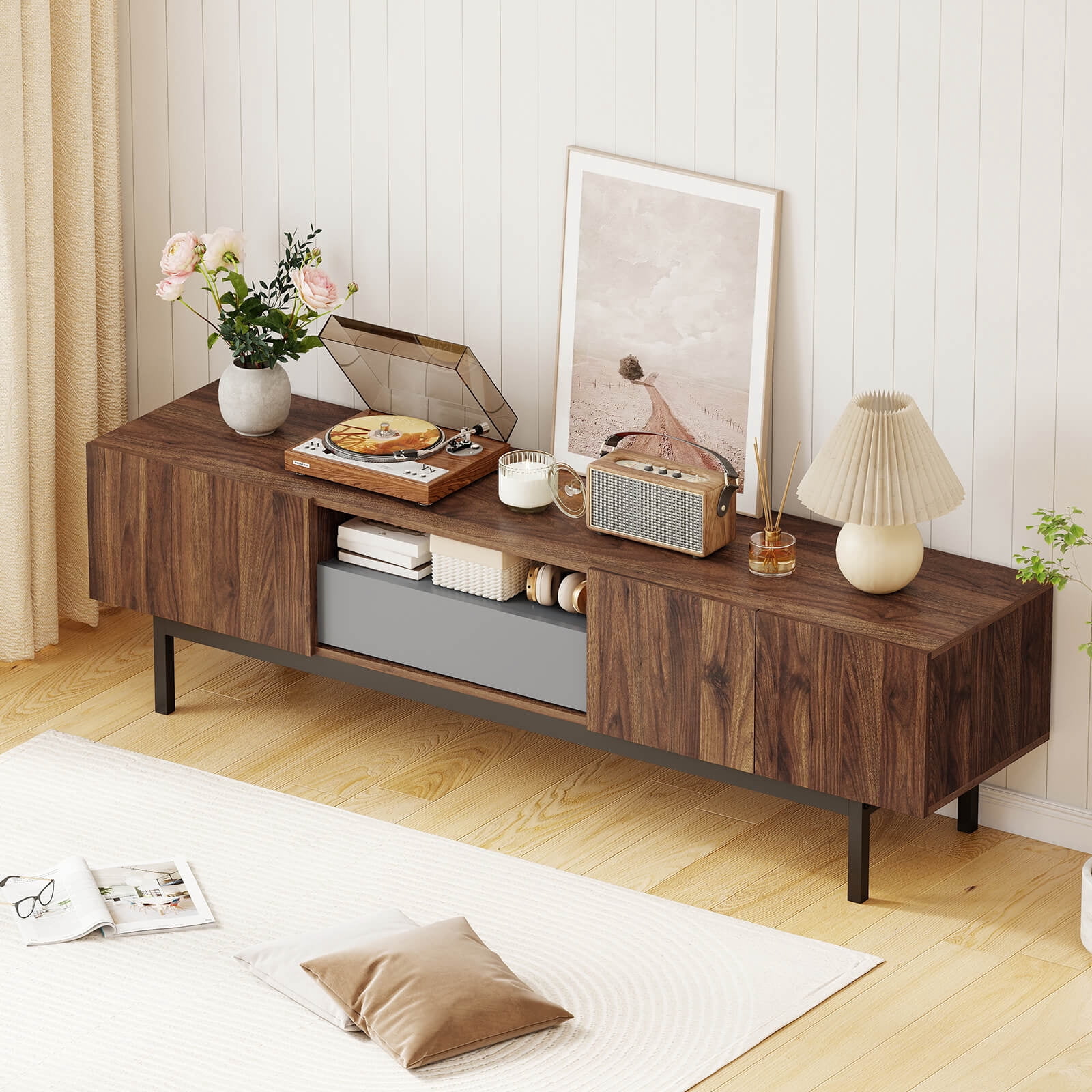 Costway TV Stand for TVs up to 80” with Drawer Cable Hole Metal Legs Entertainment Center