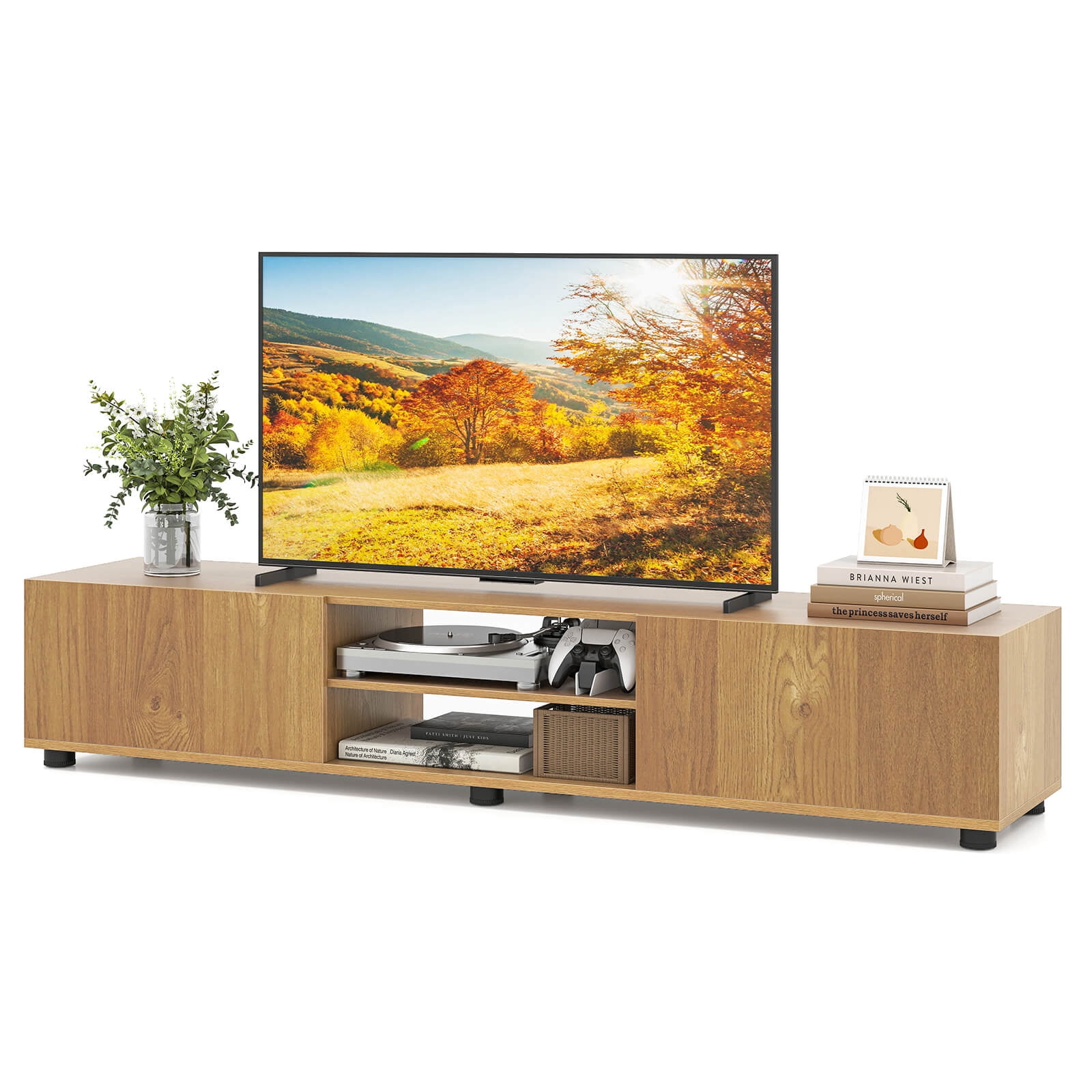 Costway TV Stand for up to 70” TVs, Media Console Table with Double Doors & Open Shelves Natural