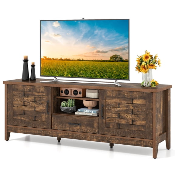 Costway TV Stand with 2 Woven Accent Doors, Storage Drawer 3 Adjustable Shelves for 65” TVs Rustic Brown