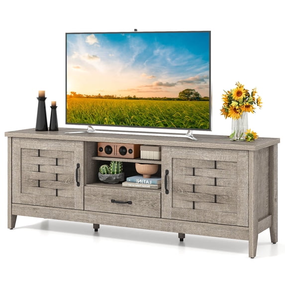 Costway TV Stand with 2 Woven Accent Doors, Storage Drawer 3 Adjustable Shelves for 65” TVs Rustic Oak