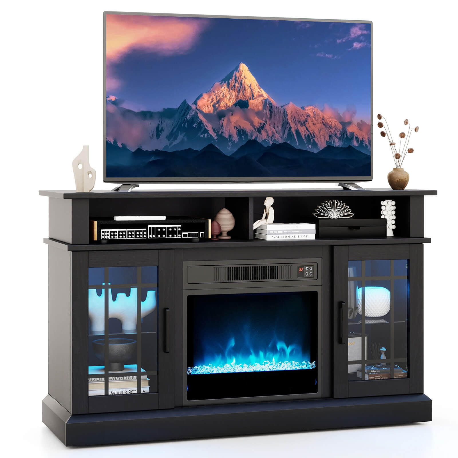 Costway, TV Stand with Electric Fireplace, 55 Inches, Black - Walmart.com