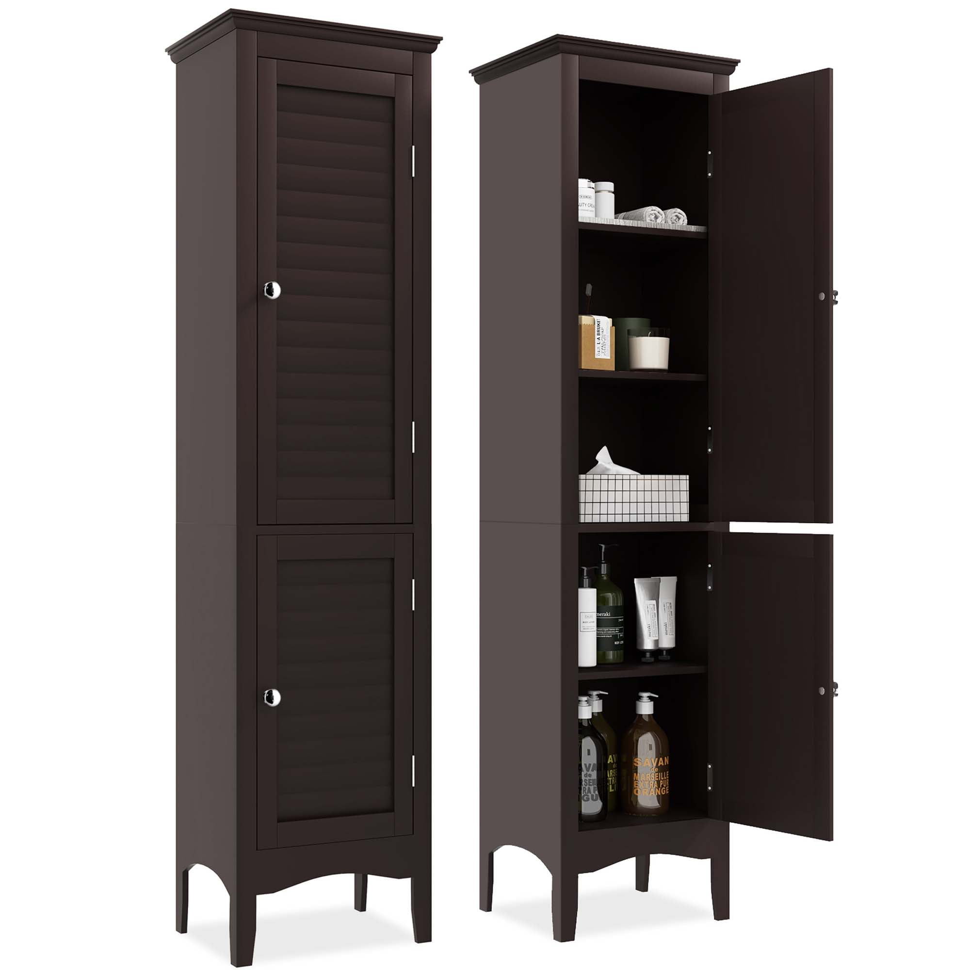 Costway Tall Bathroom Floor Narrow Linen Tower with 2 Doors