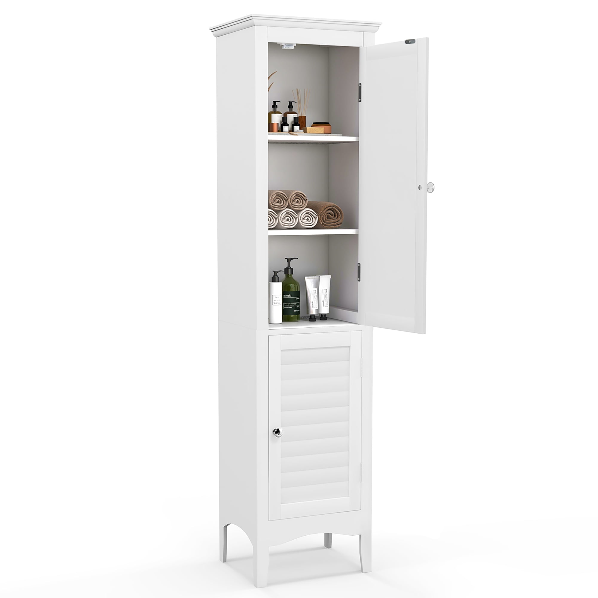 Costway Tall Bathroom Floor Cabinet Narrow Linen Tower with 2 Doors & Adjustable Shelf