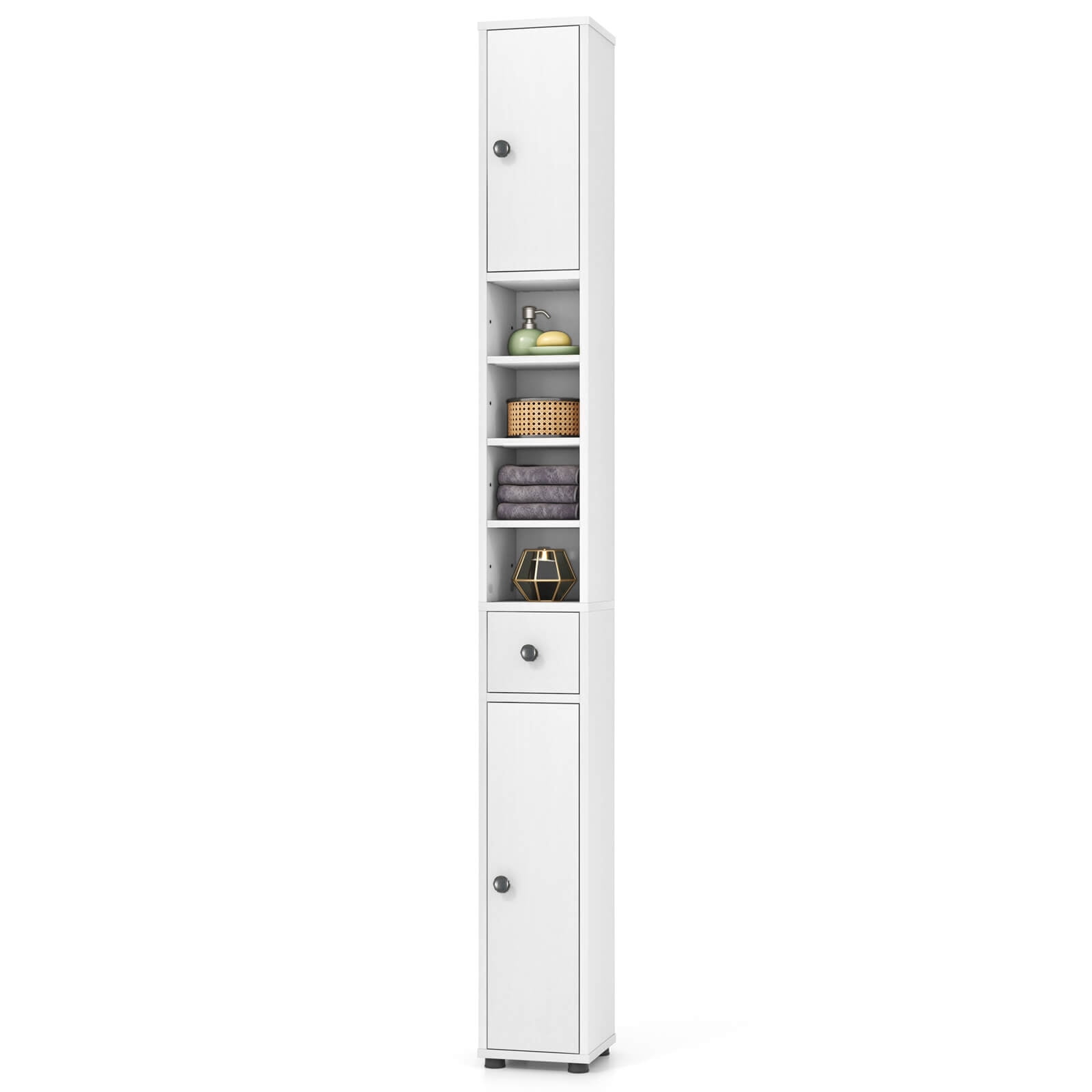Costway Tall Slim Bathroom Storage Cabinet Linen Towerwith Drawer & Adjustable Shelves White