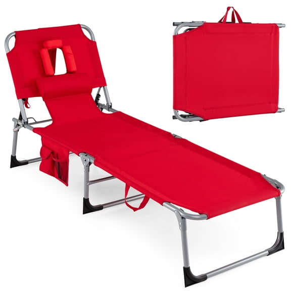 Costway Tanning Chair with 4-Position Adjustable Backrest, Face Arm Holes & Storage Pocket  Red