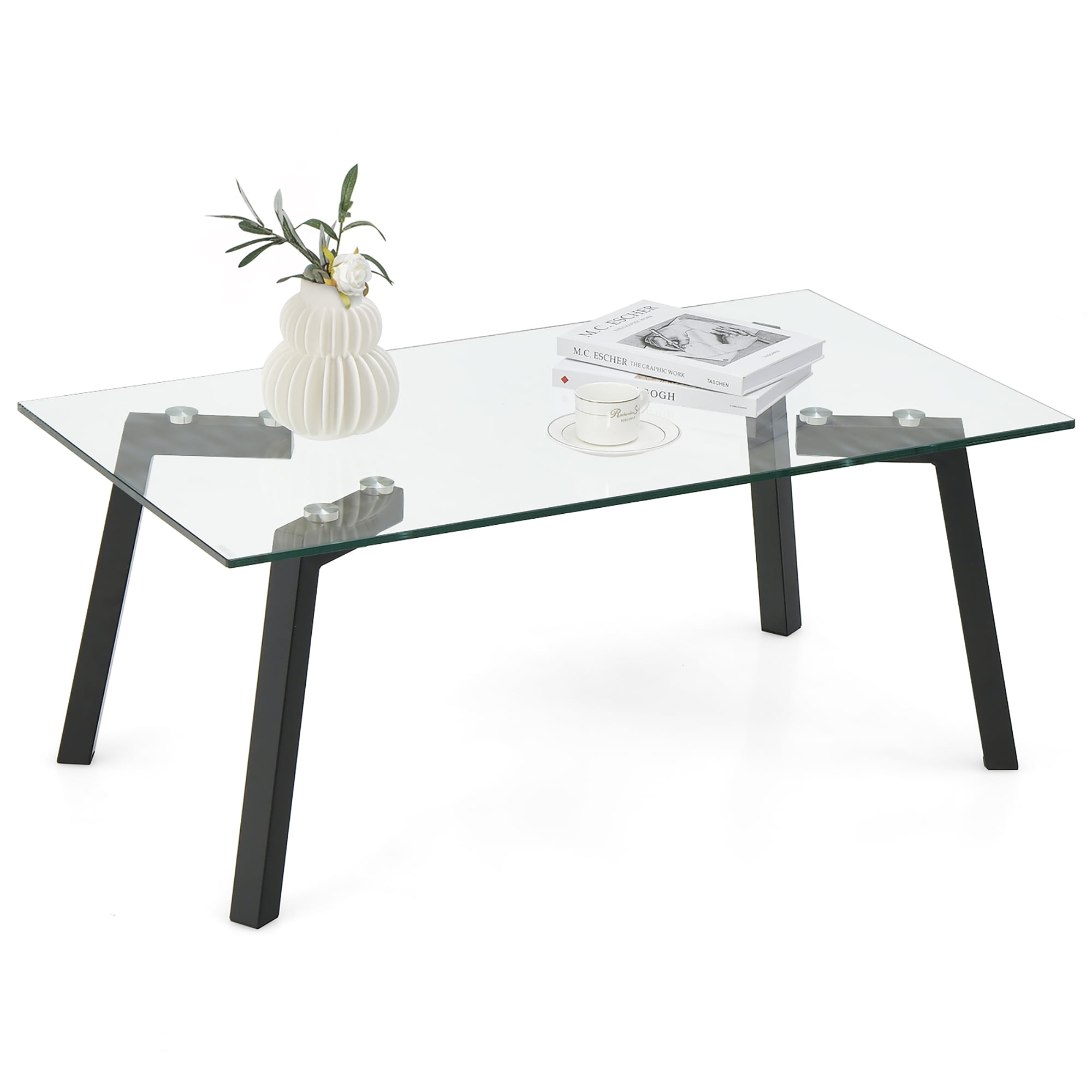 Costway Transparent Tempered Glass Coffee Table with Metal