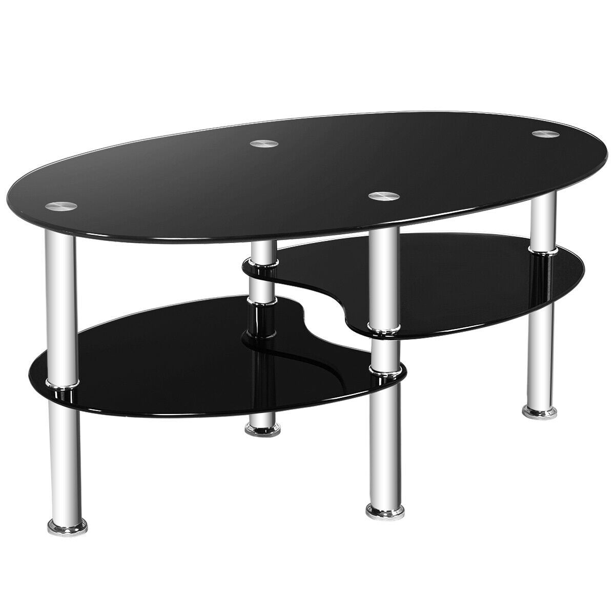 Costway Tempered Glass Oval Side Coffee Table Shelf Chrome Base Living