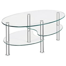 Costway Tempered Glass Oval Side Coffee Table Shelf Chrome Base Living Room Clear