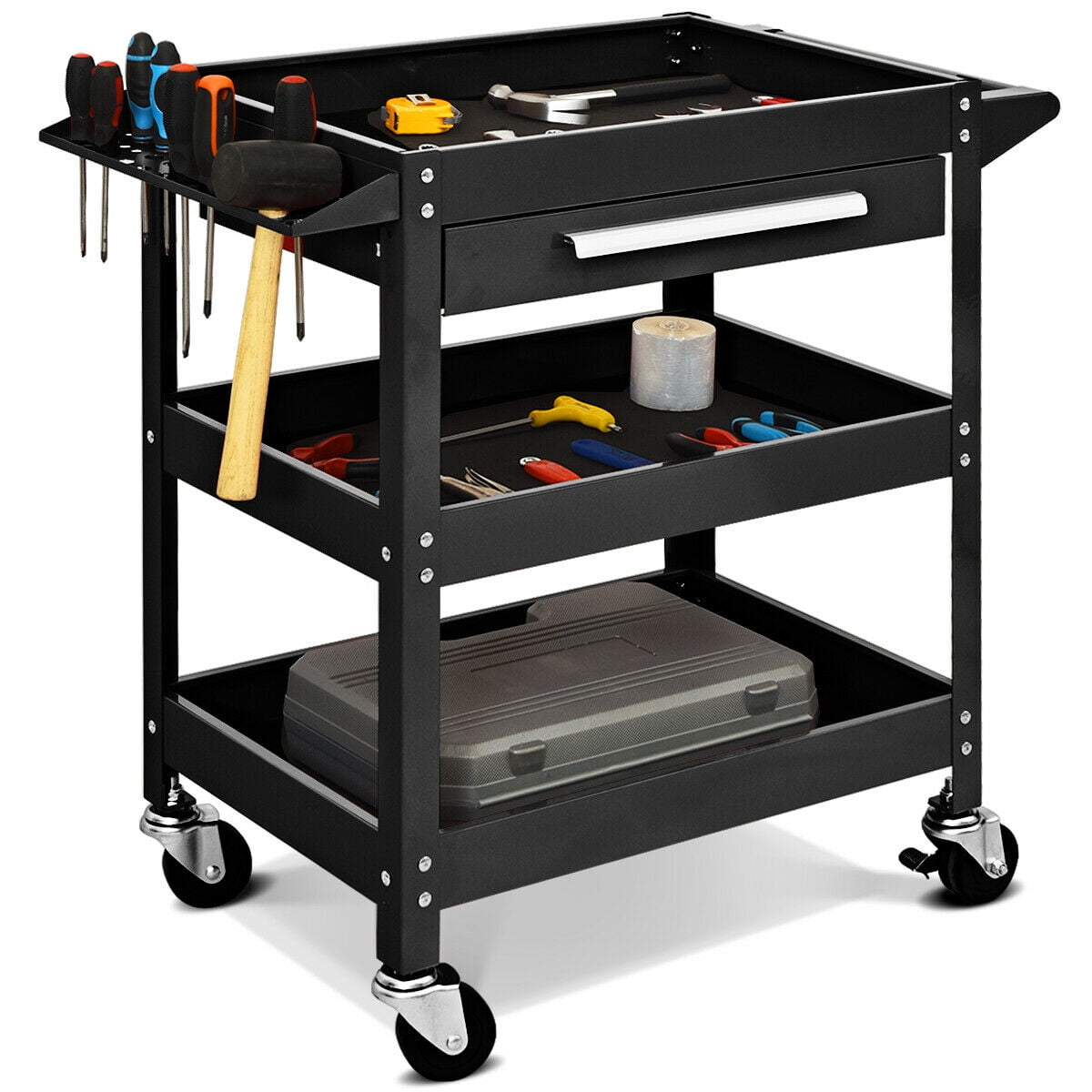 Black Heavy Duty Steel Three Tray Rolling Tool Cart with Drawer