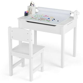 Martha Stewart Living and Learning Kids' Art Table and Stool Set (White) -  Wooden Drawing and Painting Desk with Paper Roller, Paint Cups and  Removable Craft Supplies Storage Bins 