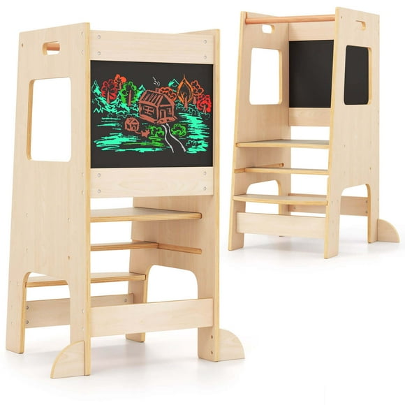 Costway Toddler Kitchen Step Stool with Activity Chalkboard Adjustable Height & Safety Rail Beige