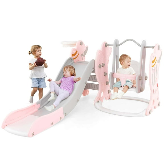 Costway Toddler Slide and Swing Set 4-in-1 Indoor Playground with Extended Slide & Swing Pink