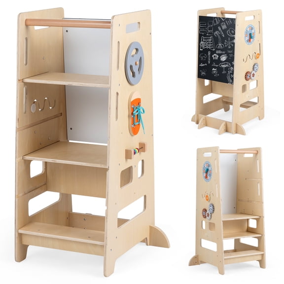 Costway Toddler Standing Tower with Adjustable Height & Blackboard, Kids Kitchen Step Stool