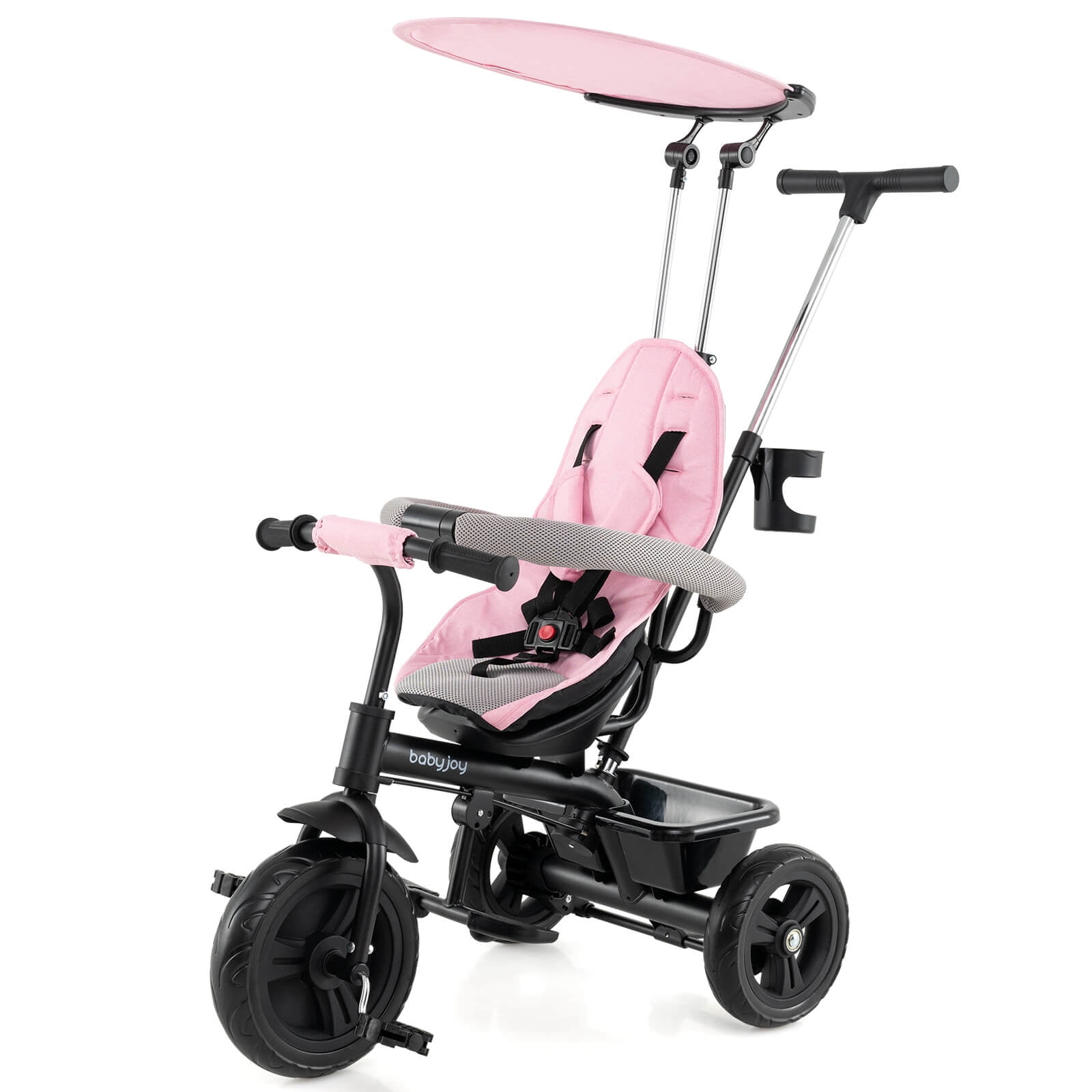 Costway Toddler Tricycle, 7 in 1 Push Trike with Adjustable Canopy Parent Push Handle Seat Pink