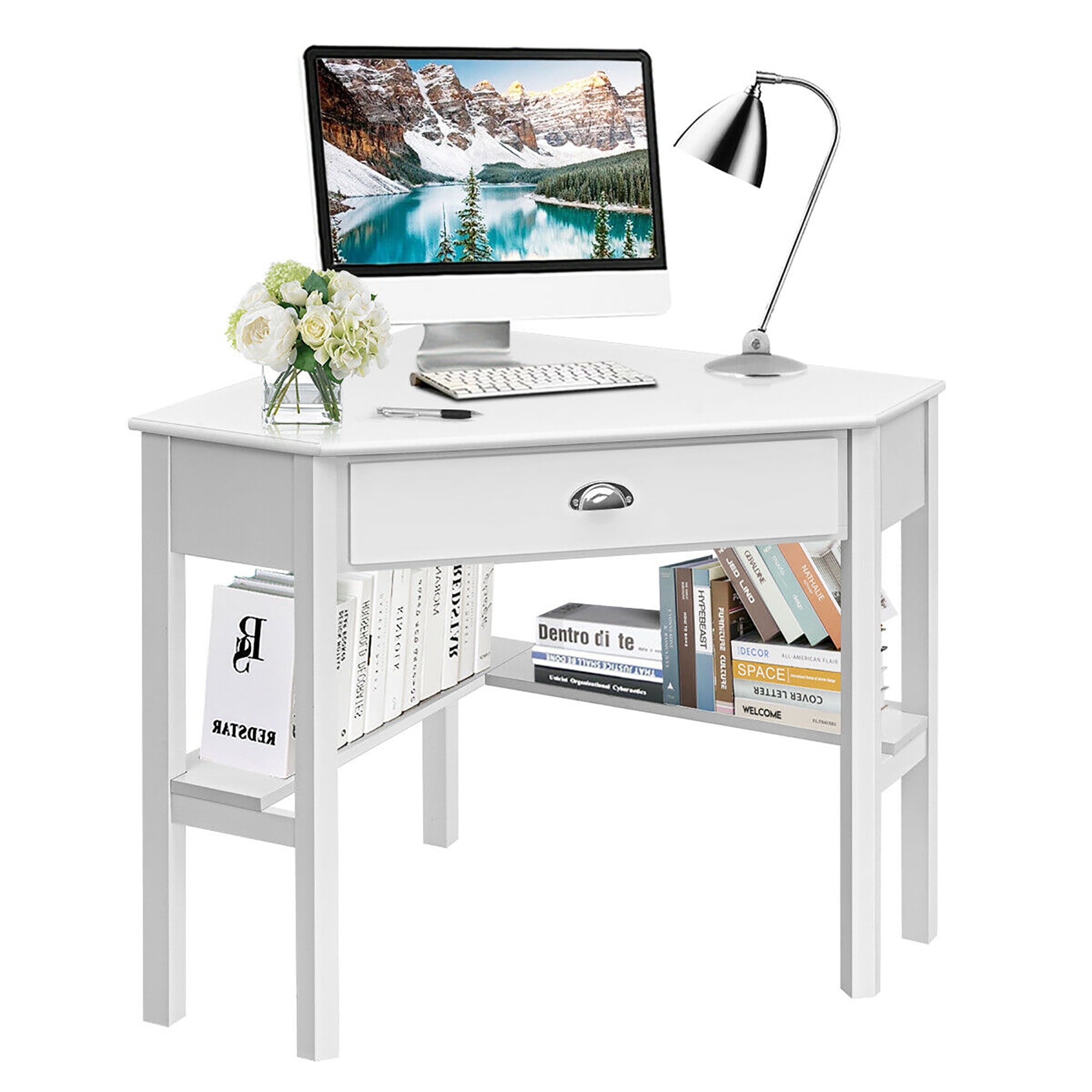 Costway Small Space Storage Writing Triangle Corner Office Desk with Drawer and Shelves, Rustic White
