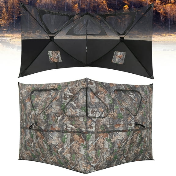Costway Turkey Hunting Ground Blind 2 Panel Pop Up Fence with 3 Shoot Through Ports Other Hunting Supplies, Fiber Glass Camouflage