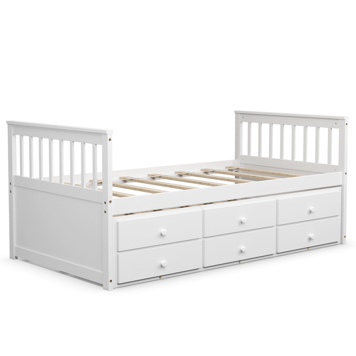 White Twin Pine Wood Captain's Bed with Trundle and Storage Drawers