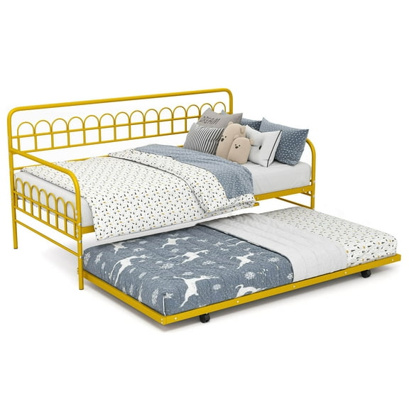 Costway Twin Daybed Frame with Trundle, Space-Saving Pull-Out Trundle for Living Room Gold