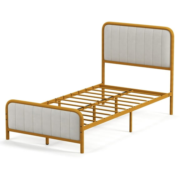 Costway Twin Gold Metal Bed Frame Upholstered Platform Bed with Velvet Headboard