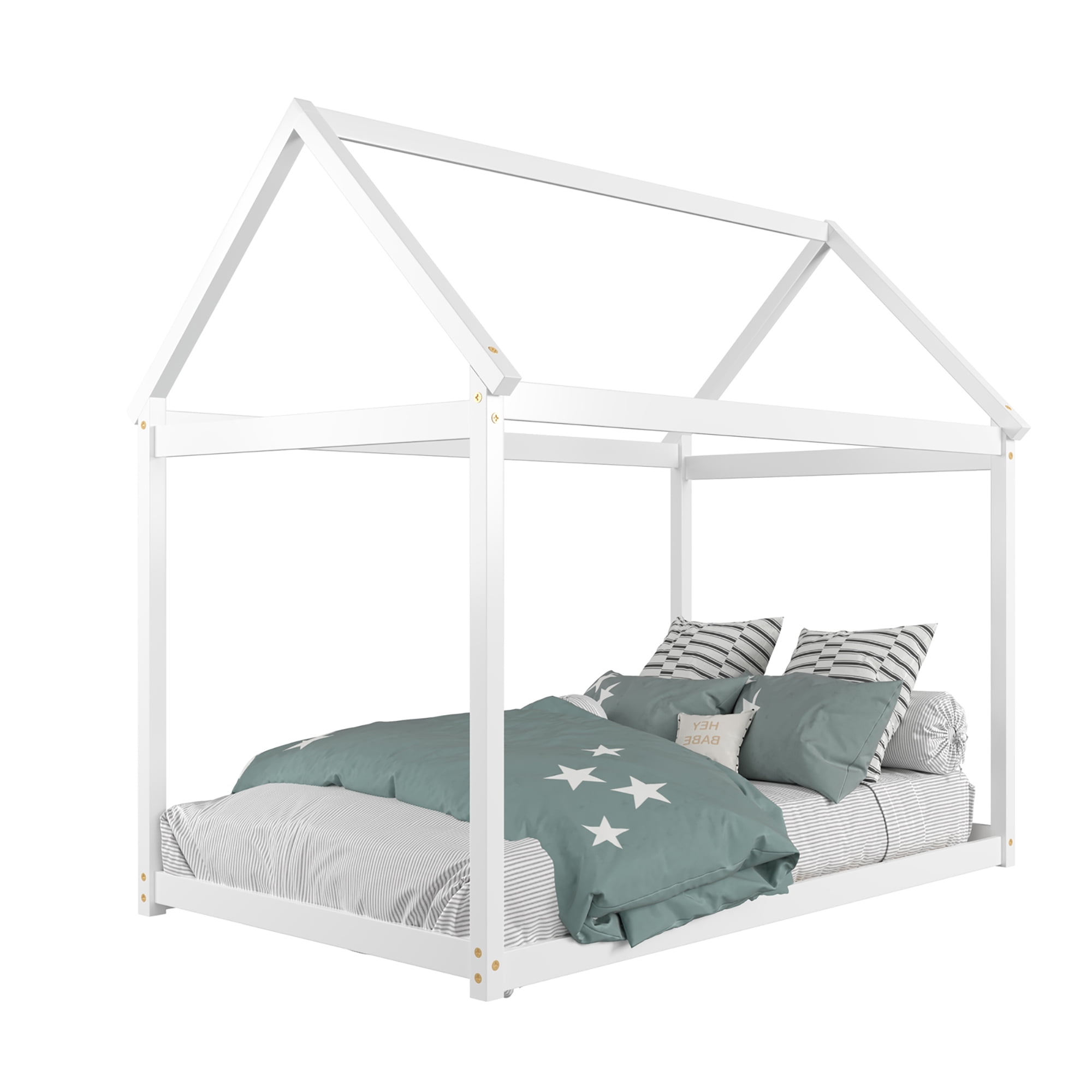 Costway Twin House Bed Wood Frame w/ Roof for Kids Toddler